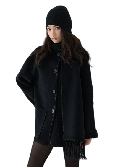 Double-Faced Wool Fringe Cape Coat