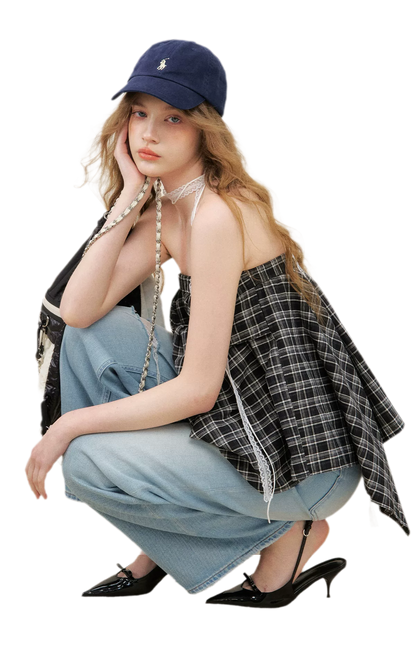 Asymmetric Lace Patchwork Plaid Skirt/Top