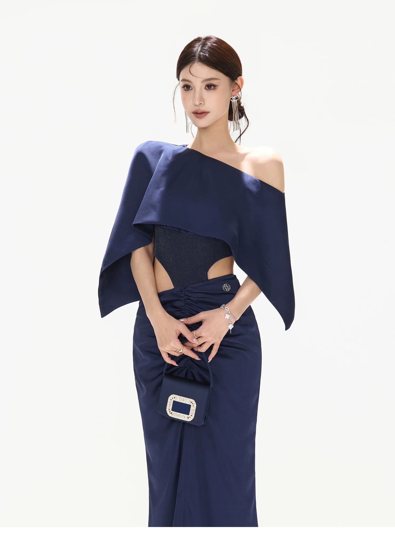 Night Banquet Muse Indigo Asymmetric Off-Shoulder Long Dress