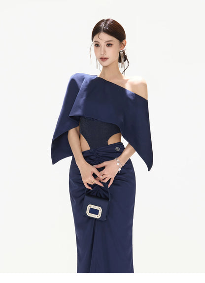 Night Banquet Muse Indigo Asymmetric Off-Shoulder Long Dress