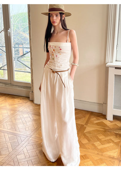 Summer Tencel Wide-Leg Pants with Lace Trim