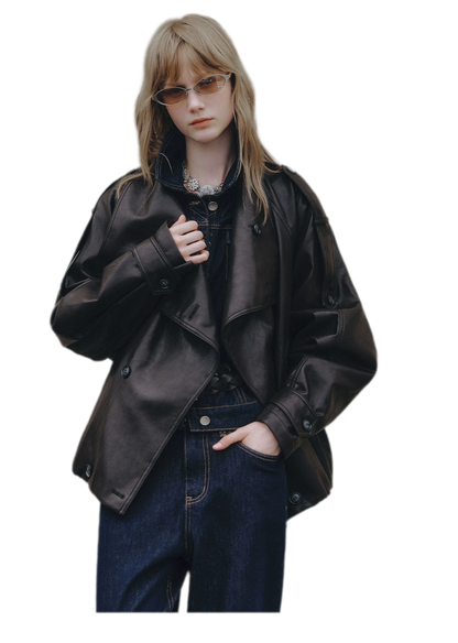 Faux-Leather Oversized Double-Breasted Jacket