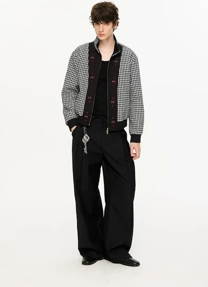 Pleated Houndstooth Wide-Leg Trousers