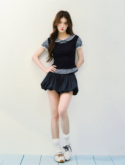Navy Petal Pleated Skirt