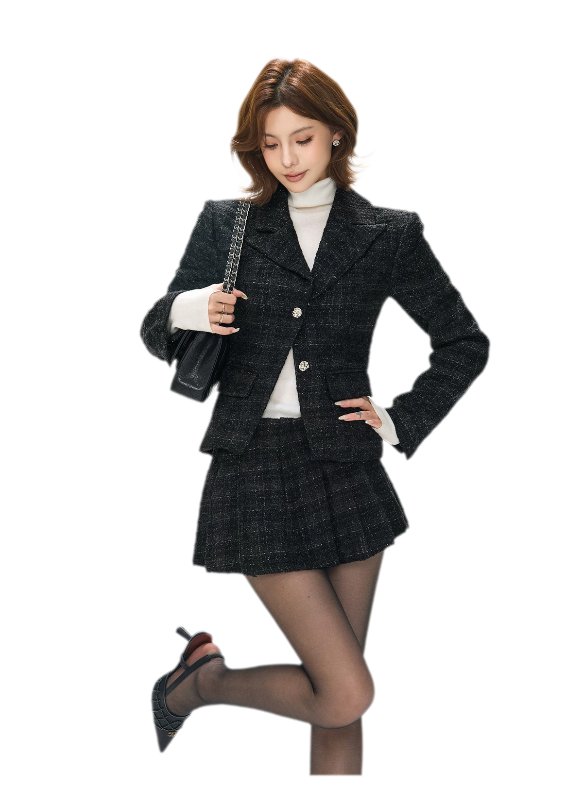 Tweed Jacket Pleated Skirt Set
