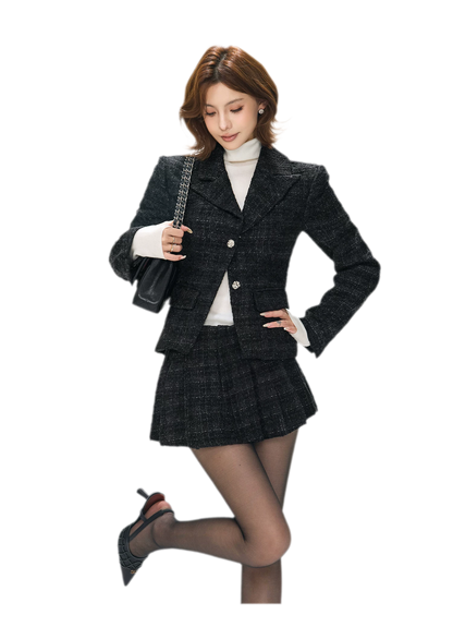 Tweed Jacket Pleated Skirt Set