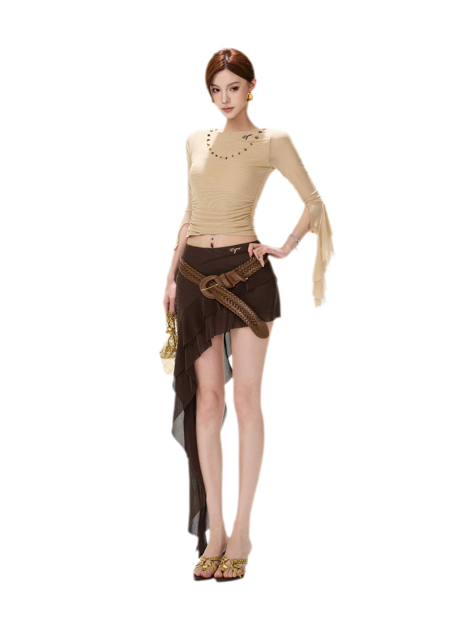 Ruched Mesh Boat-Neck Top