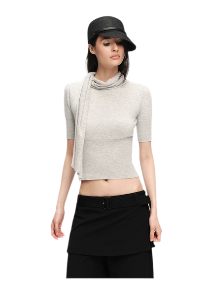 Wool-Blend Scarf-Neck Knit Top