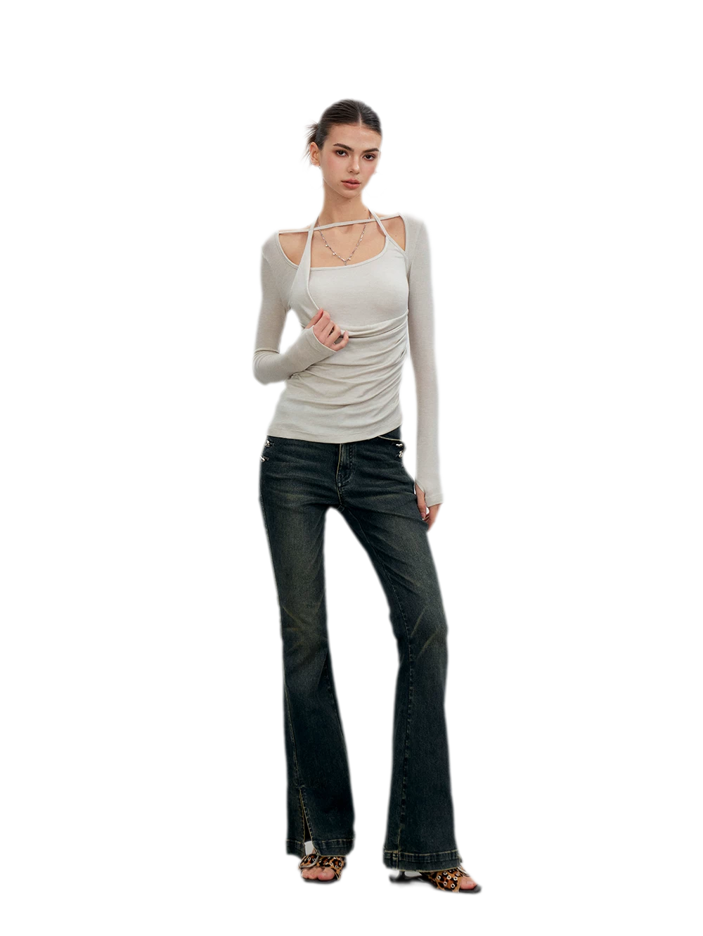 Washed Slit Flare Jeans