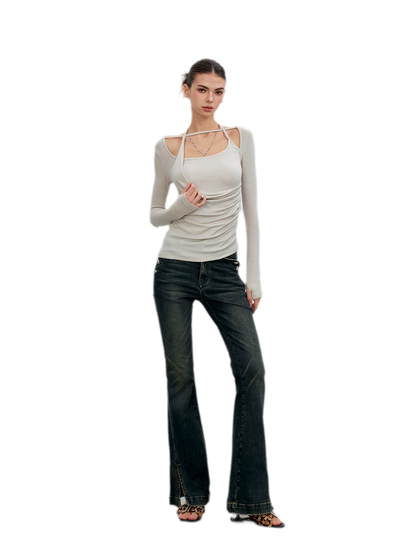 Washed Slit Flare Jeans