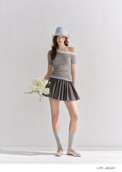 Asymmetric Off-Shoulder Colorblock Slim T-Shirt
