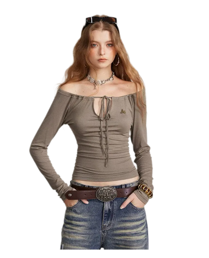Drawstring Off-Shoulder Long-Sleeve Top