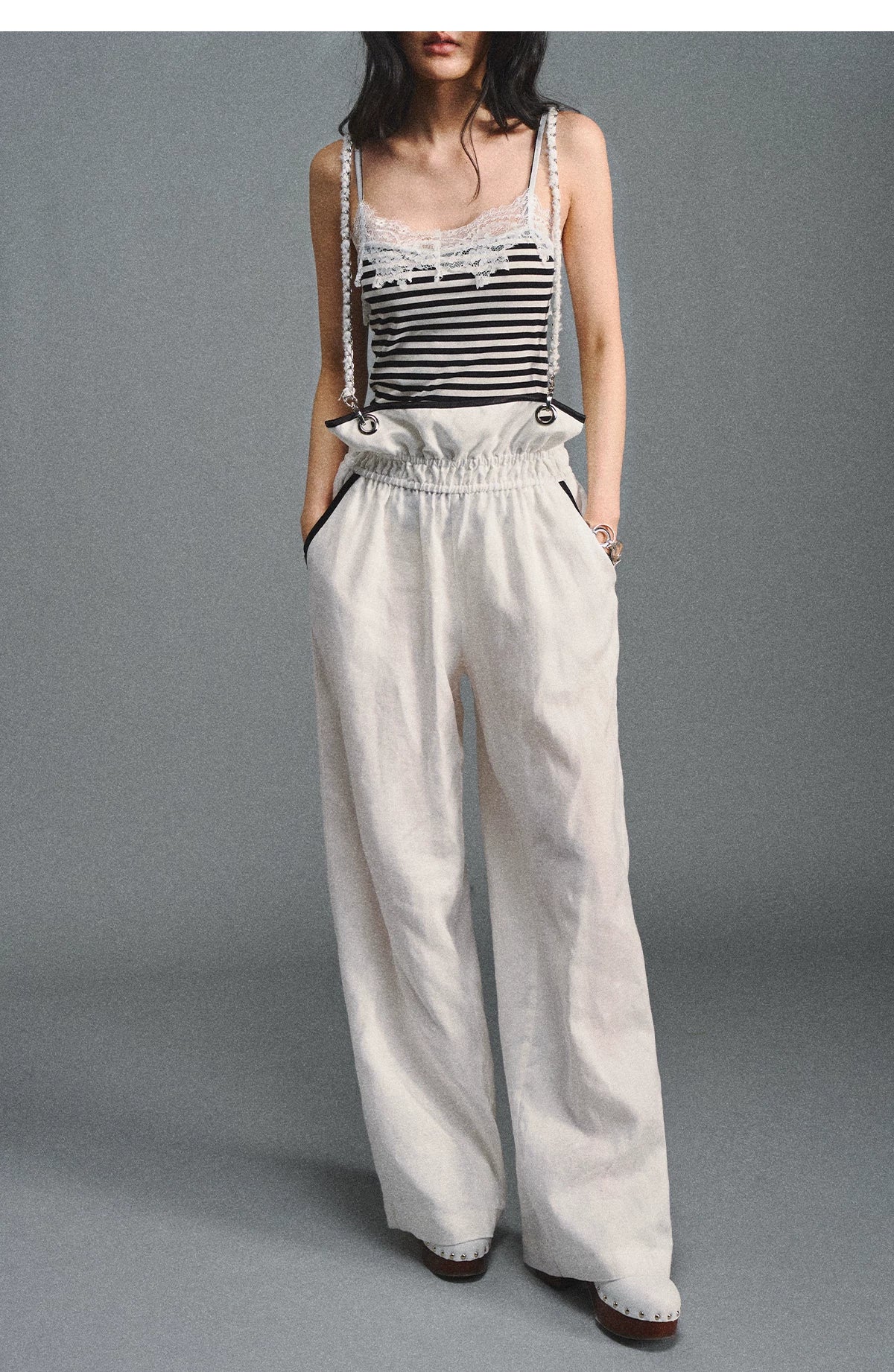 Tencel Linen Contrast Satin Trim Wide-Leg Pants
