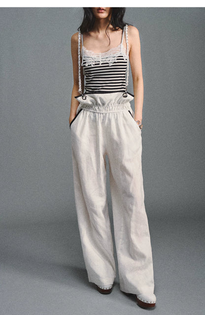 Tencel Linen Contrast Satin Trim Wide-Leg Pants
