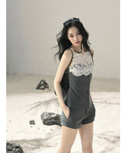 Lace Trim Top Shorts Set