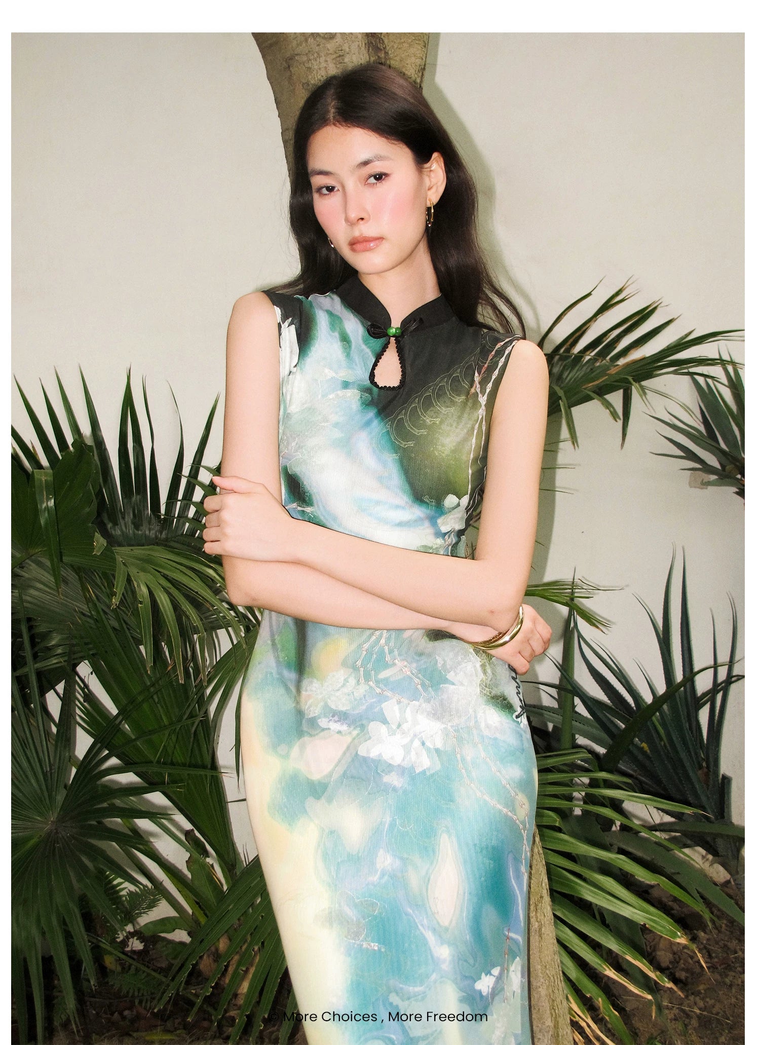 Black Rose Impressionist Print High-Waist Mermaid Dress