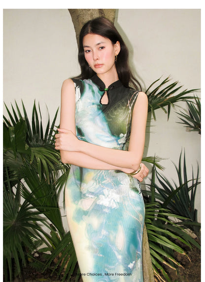 Black Rose Impressionist Print High-Waist Mermaid Dress