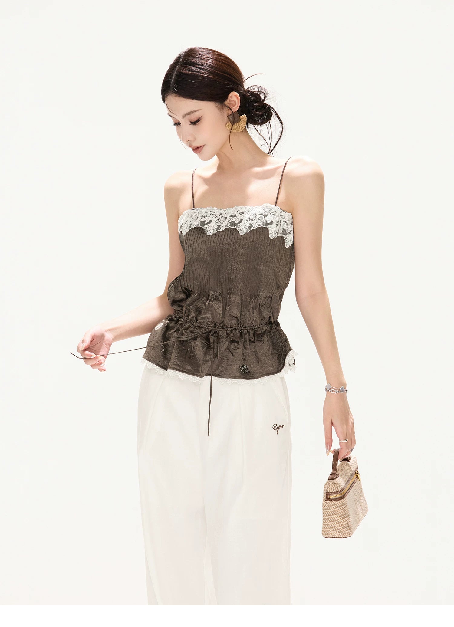 South France Holiday Contrast Lace Trim Ruffle Camisole