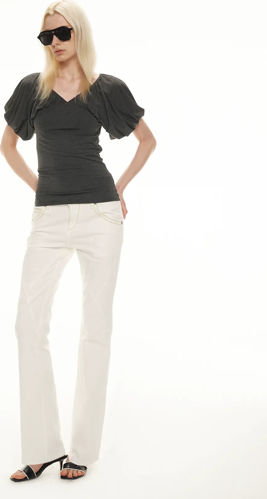 Soft Draped Puff Sleeve V-Neck Slim T-Shirt