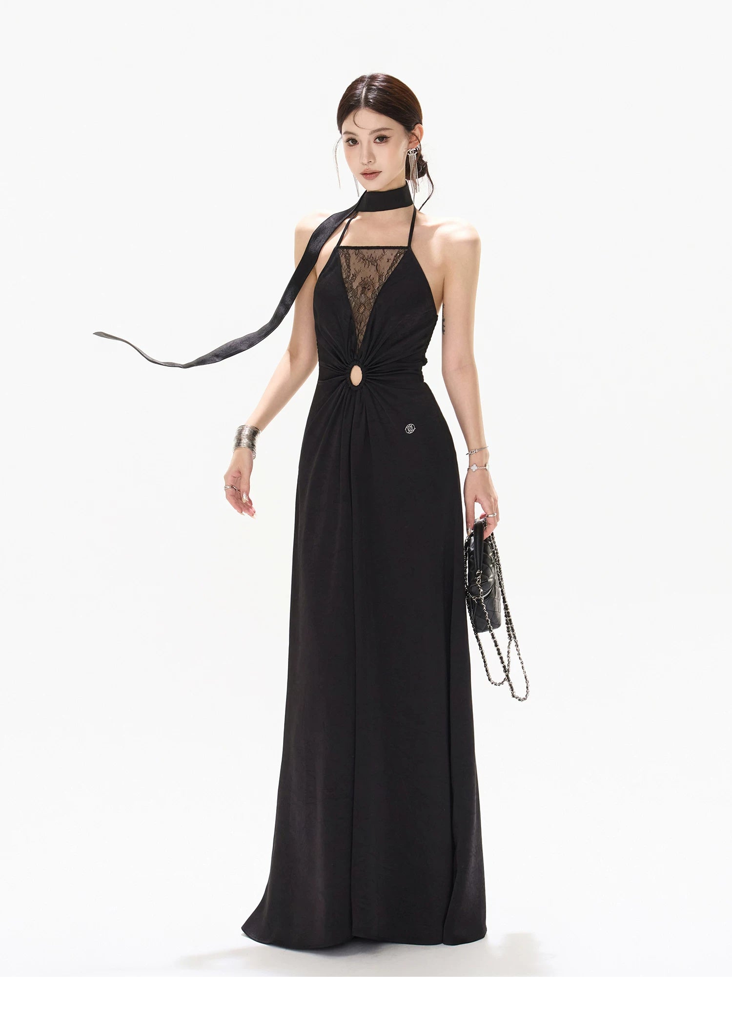 Mesh Lace Deep V Halter Dress with Satin