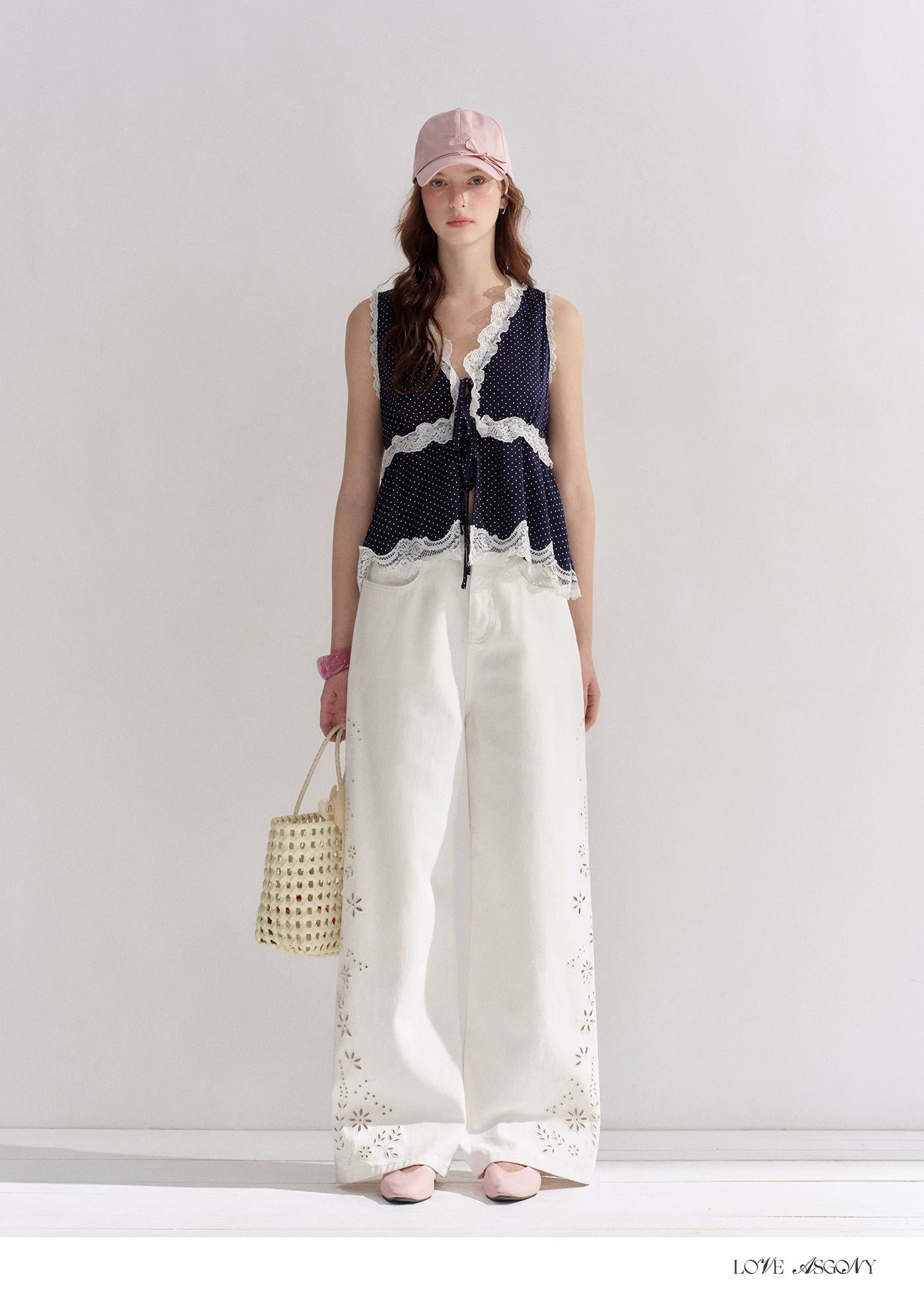 V-Neck Lace Polka Dot Waist-Defined Sleeveless Top