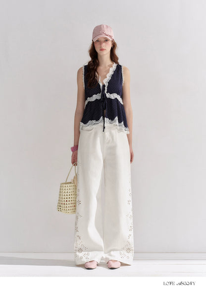 V-Neck Lace Polka Dot Waist-Defined Sleeveless Top