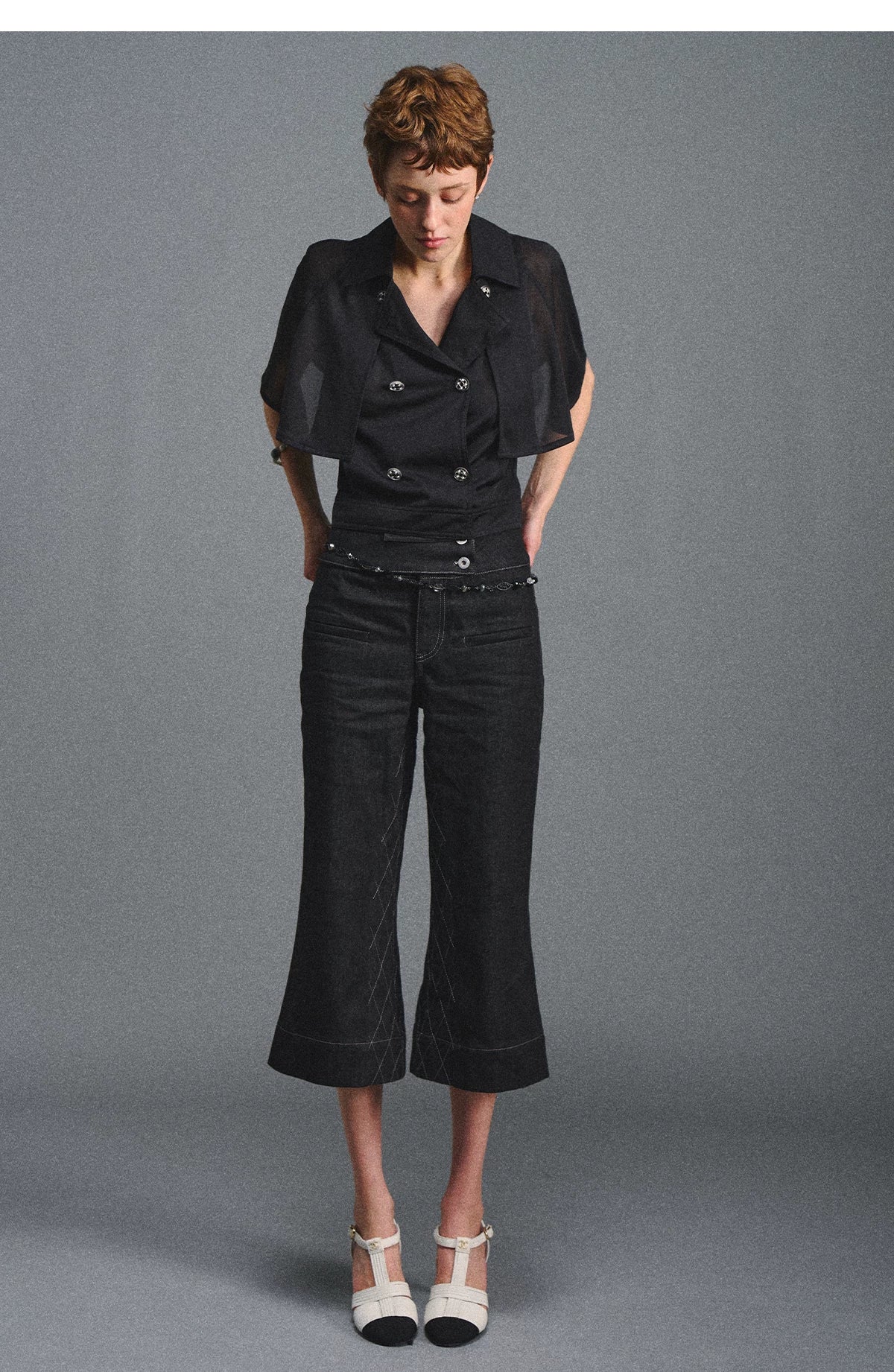 Detachable Cape Chiffon Blouse with Lace Detail