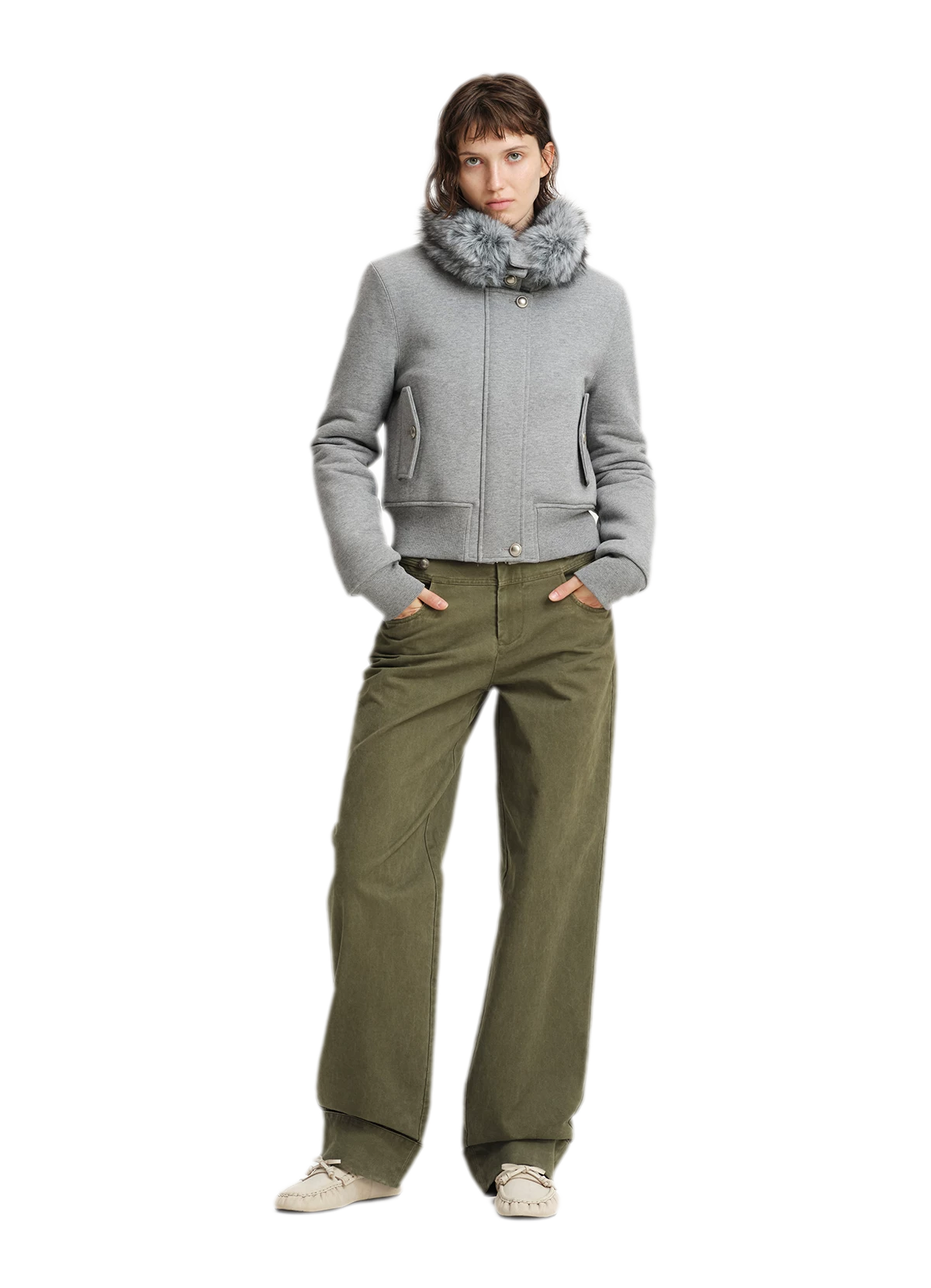 Conjunto de sudadera corta con cuello de pelo sintético