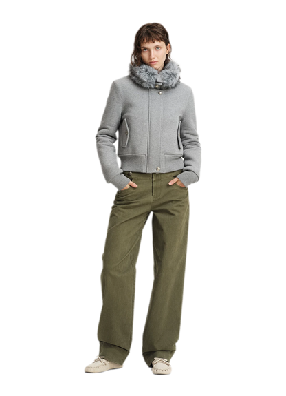 Conjunto de sudadera corta con cuello de pelo sintético