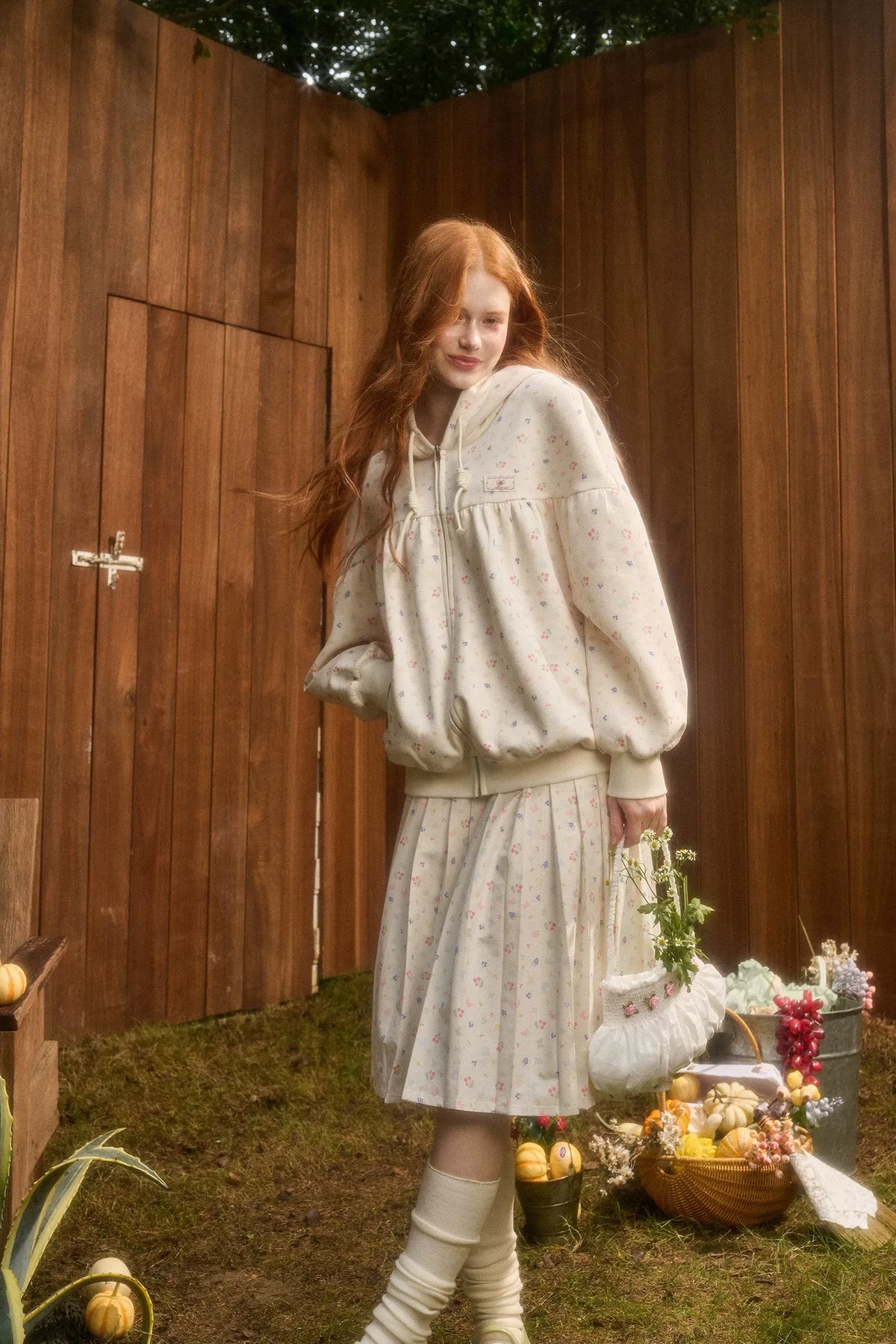 Printed Hooded Sweatshirt Pleated Skirt