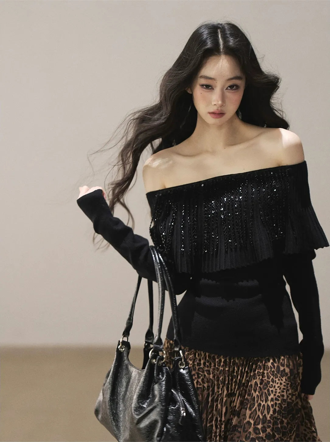 Pleated One-Shoulder Long-Sleeve Top