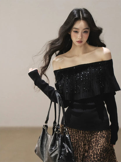 Pleated One-Shoulder Long-Sleeve Top