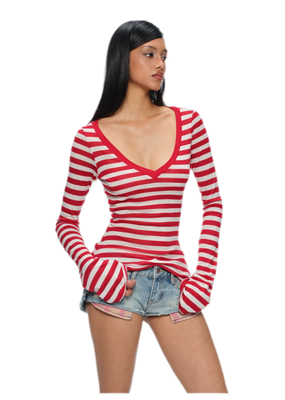 Wool V-Neck Striped T-Shirt