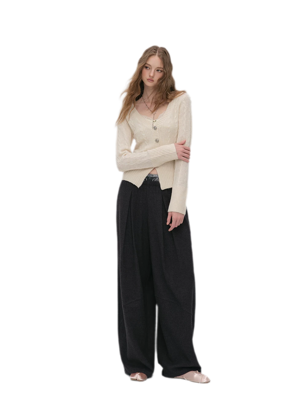 Pleated Contrast Wide-Leg Trousers