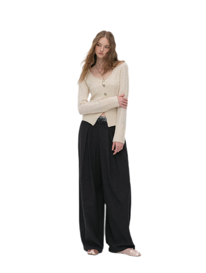 Pleated Contrast Wide-Leg Trousers