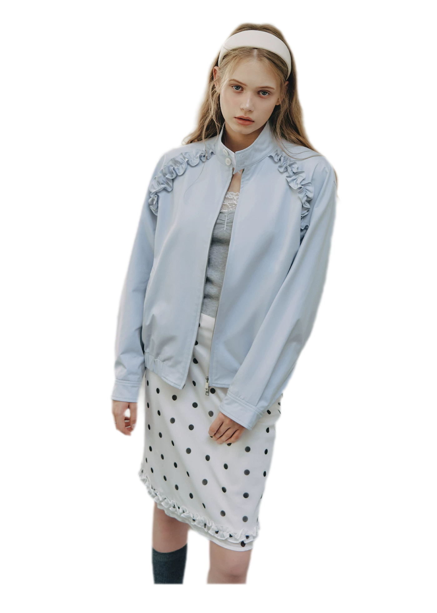 Ruffled Stand Collar Harrington Jacket