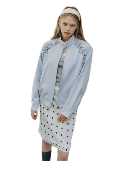 Ruffled Stand Collar Harrington Jacket