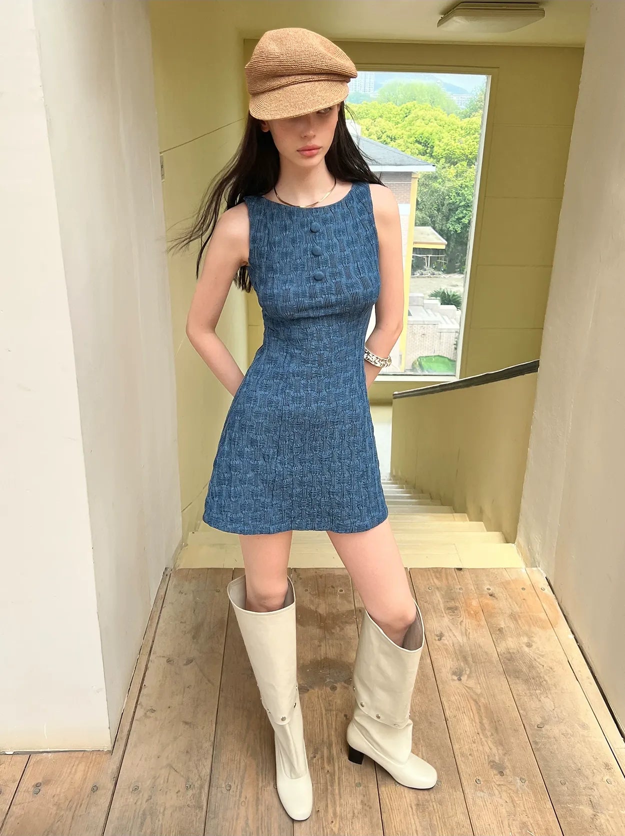 Textured Denim Blue Short Dress