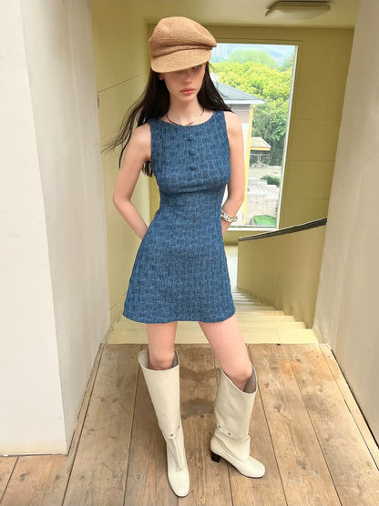 Textured Denim Blue Short Dress