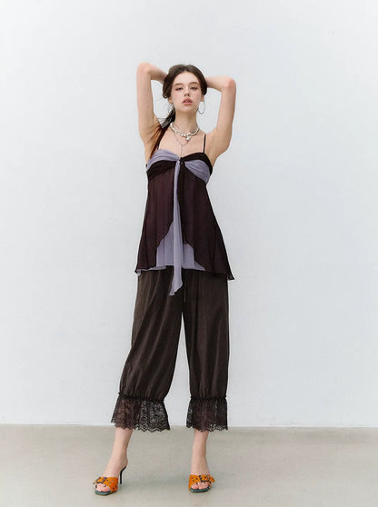 Color Catcher Irregular Contrast Pleated Chiffon Camisole