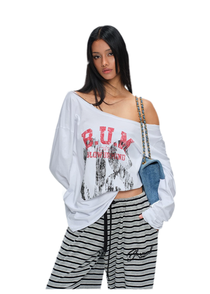 Asymmetric Printed Oversized Long-Sleeve T-Shirt