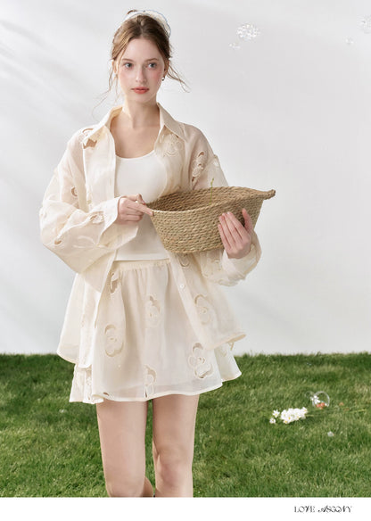 Hollow Floral Embroidered Polo Collar Two-Piece Set