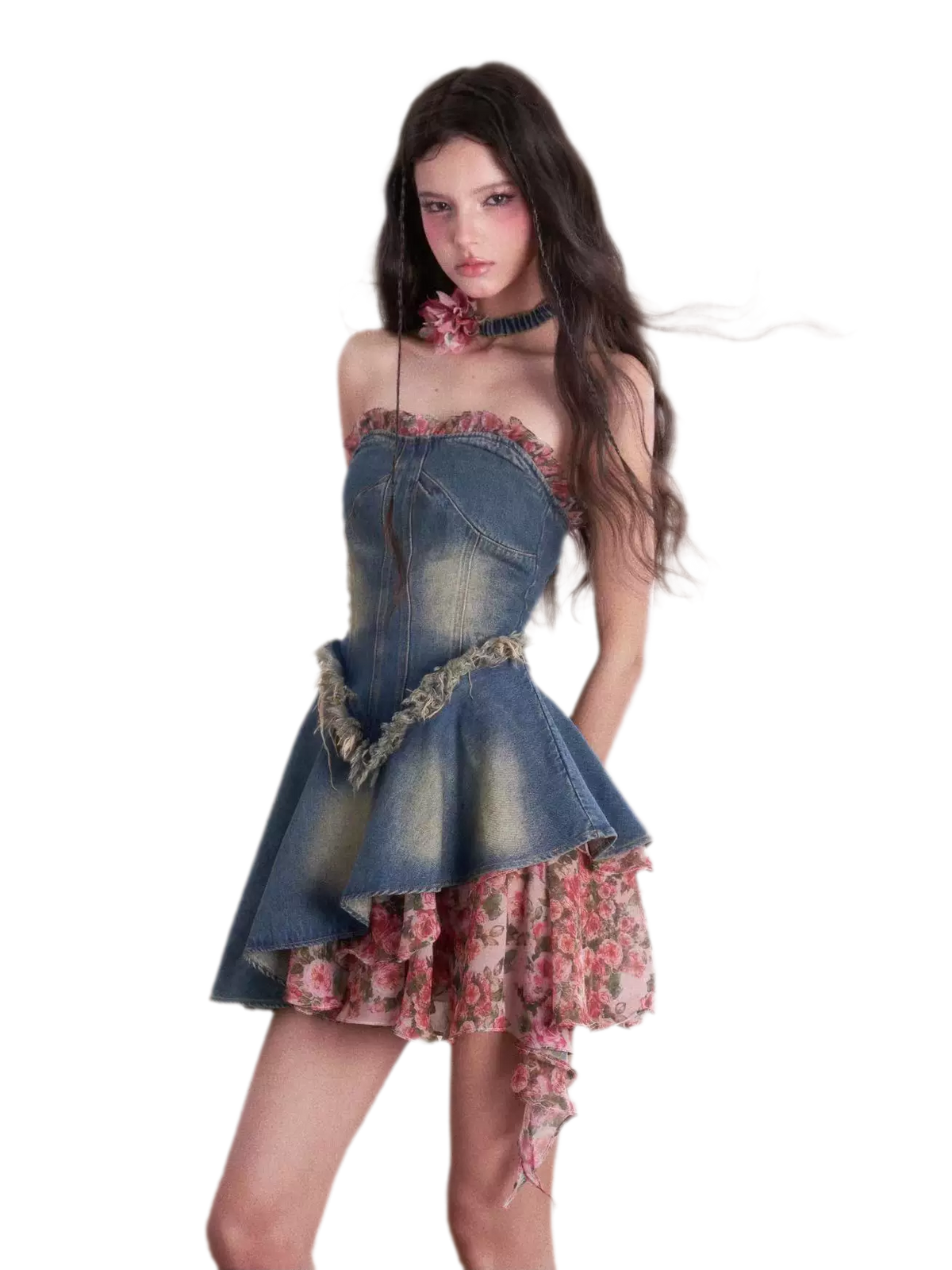 Washed Denim Rose Panel Dress