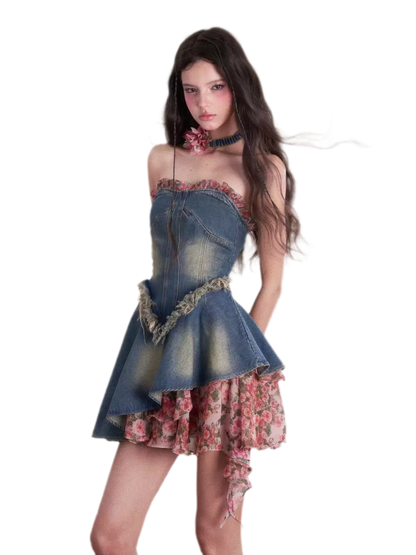 Washed Denim Rose Panel Dress