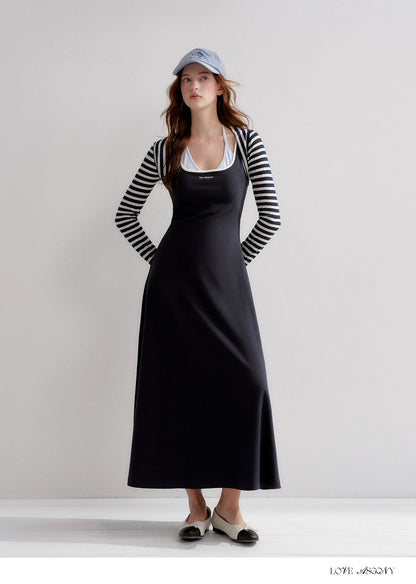 Contrast Color U-Neck Halter Knit Long Dress