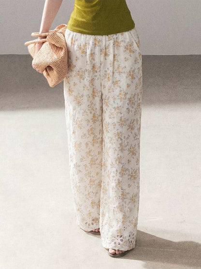 Laser-Cut Floral Wide-Leg Pants
