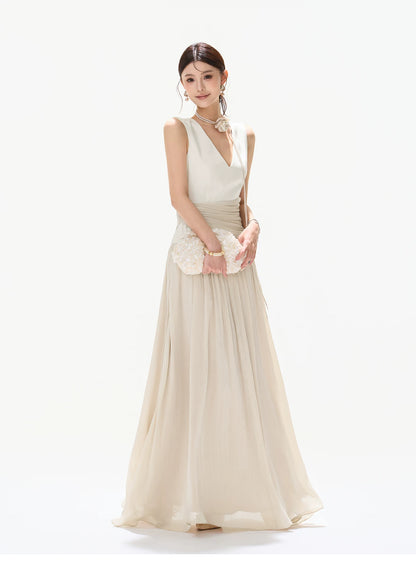 French Style Colorblock Pleated Satin V-Neck Dress