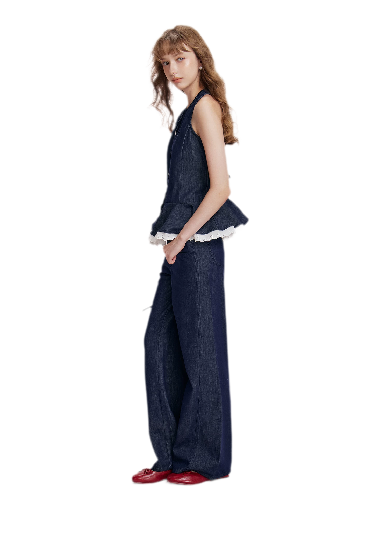 Lace Trim Peplum Denim Set