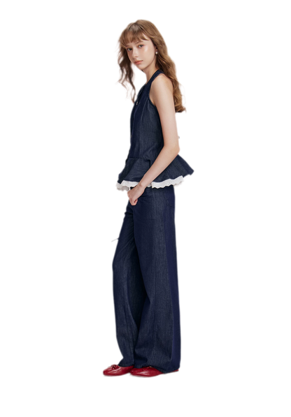 Lace Trim Peplum Denim Set