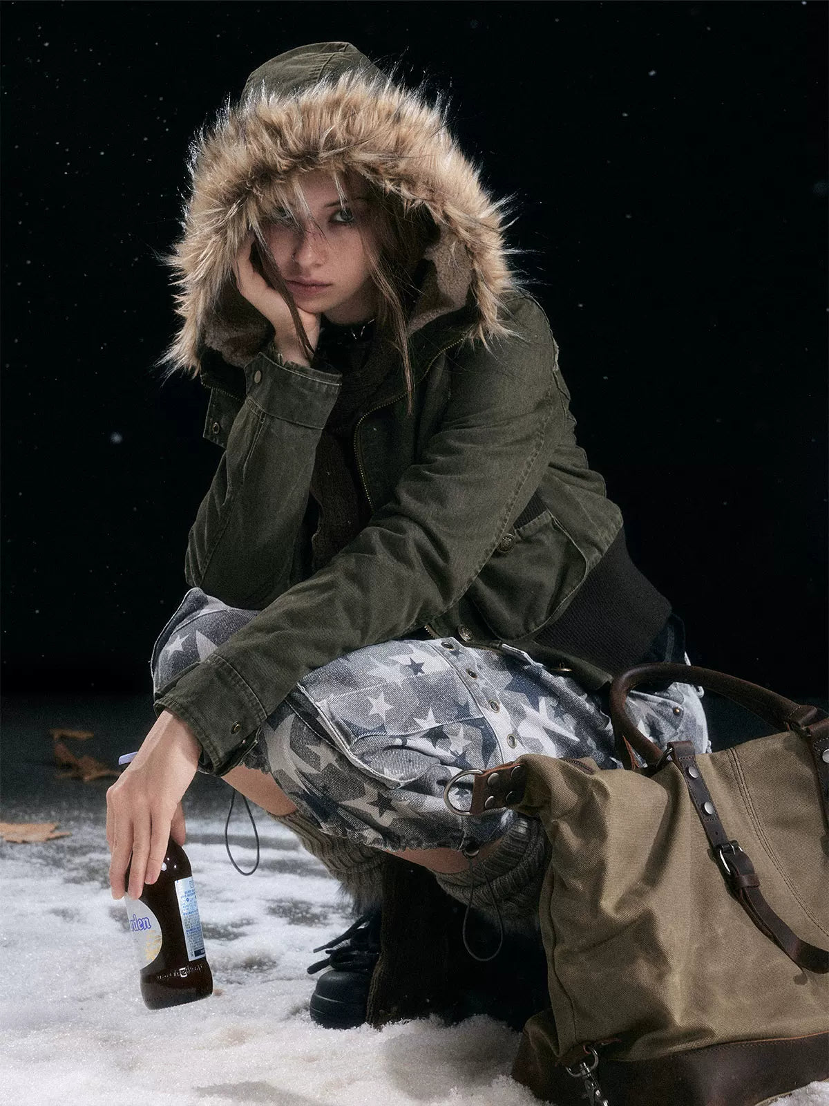Washed Quilted Fur-Trim Hooded Jacket